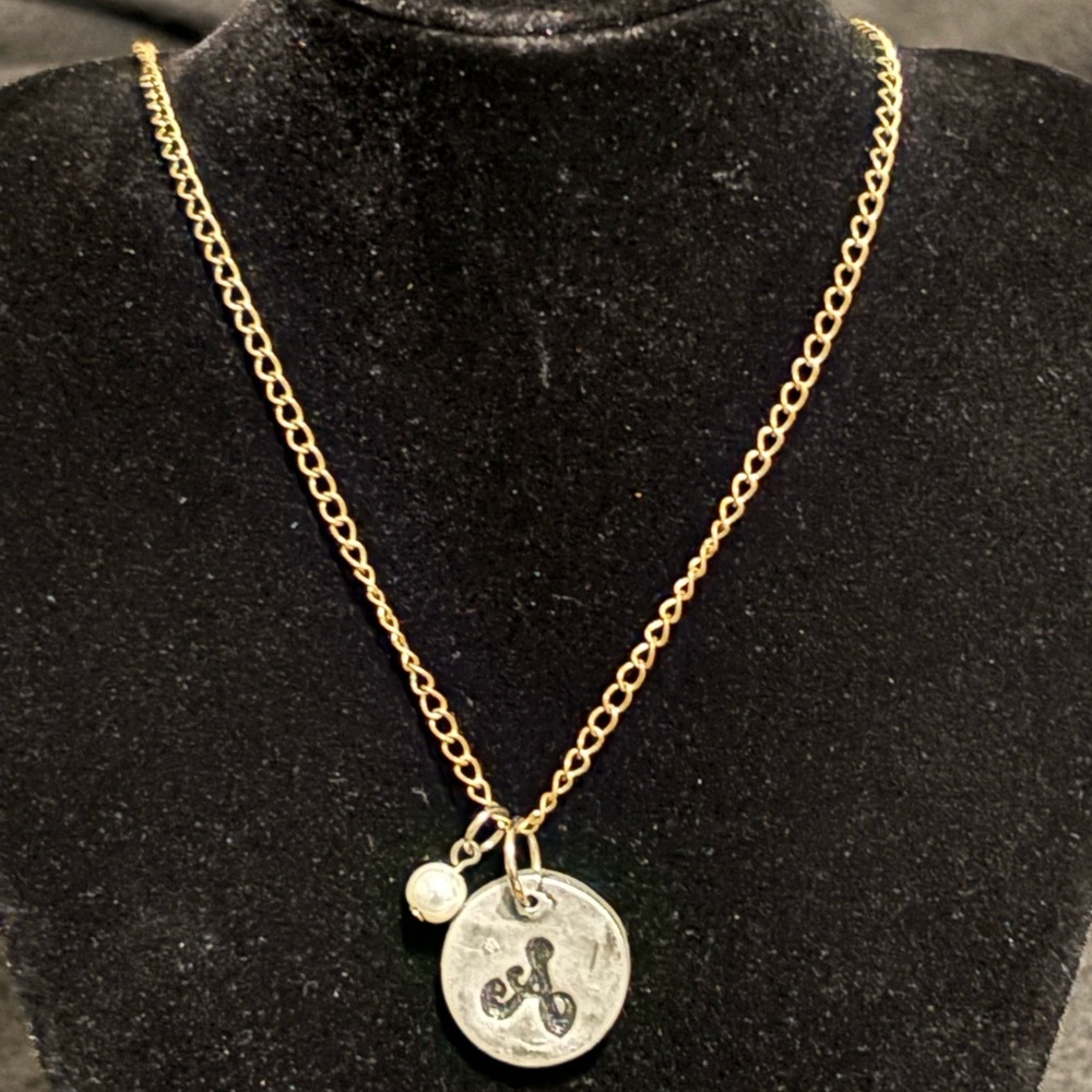 Silver Pendant Necklace with "A" and a faux pearl